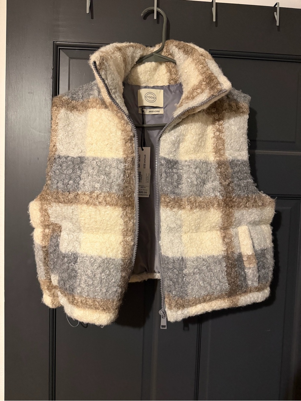 Stoosh Cream, Gray & Tan Plaid Sherpa Vest